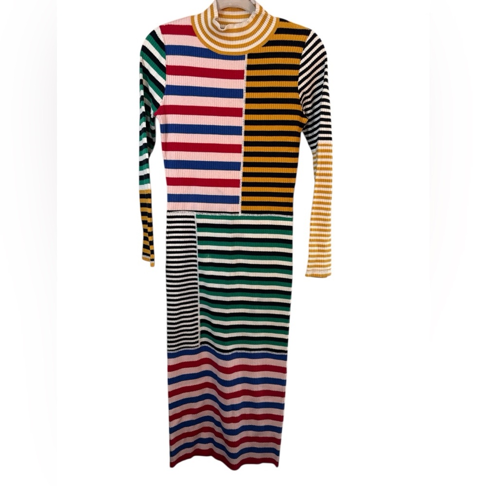 L.F. Markey Cecil midi dress in multi-color striped figure-flattering rib knit